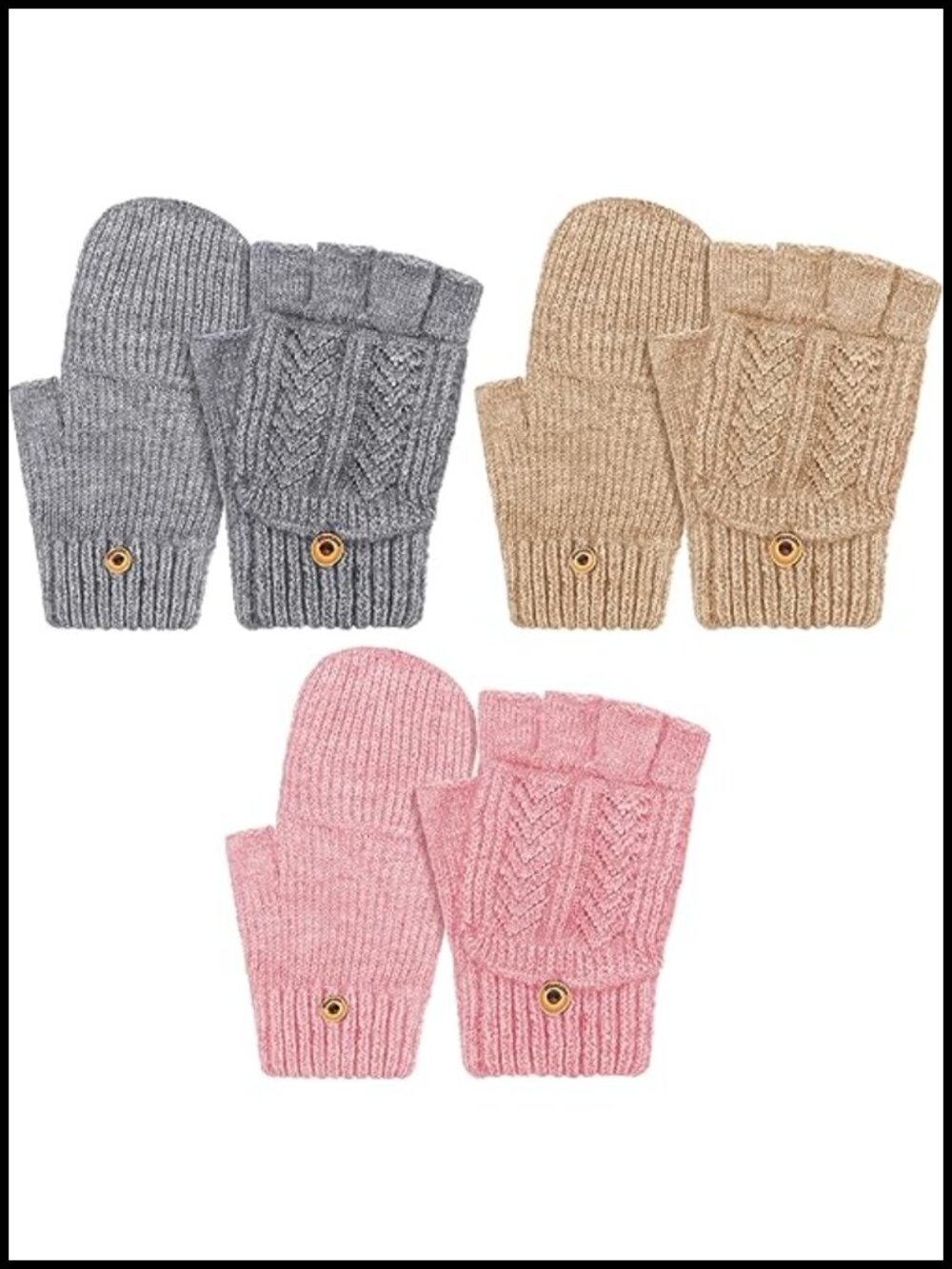 Fingerless Wool Gloves Convertible Mitten Cover Knit Winter Warm